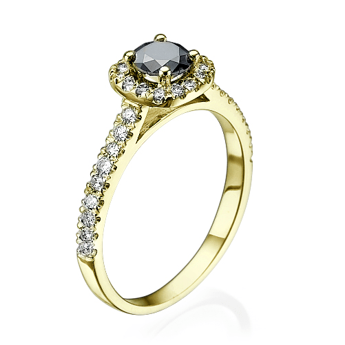 טבעת זהב צהוב המשובצת יהלומים שחורים ולבנים במשקל 0.75 קראט